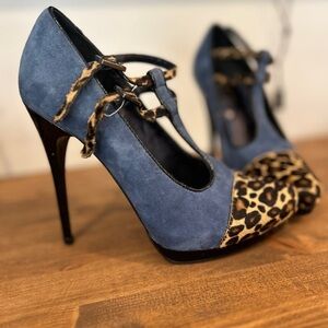 Blue Suede T-Strap Heels with Leopard Toe Accent